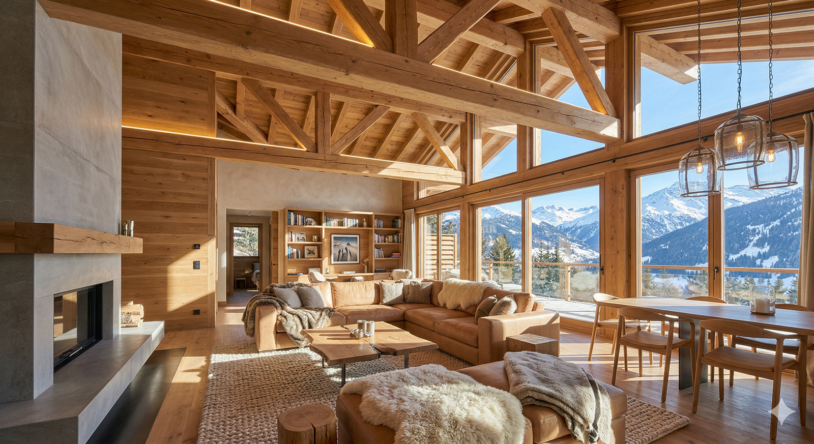Swiss Chalet timber interior with mountain view