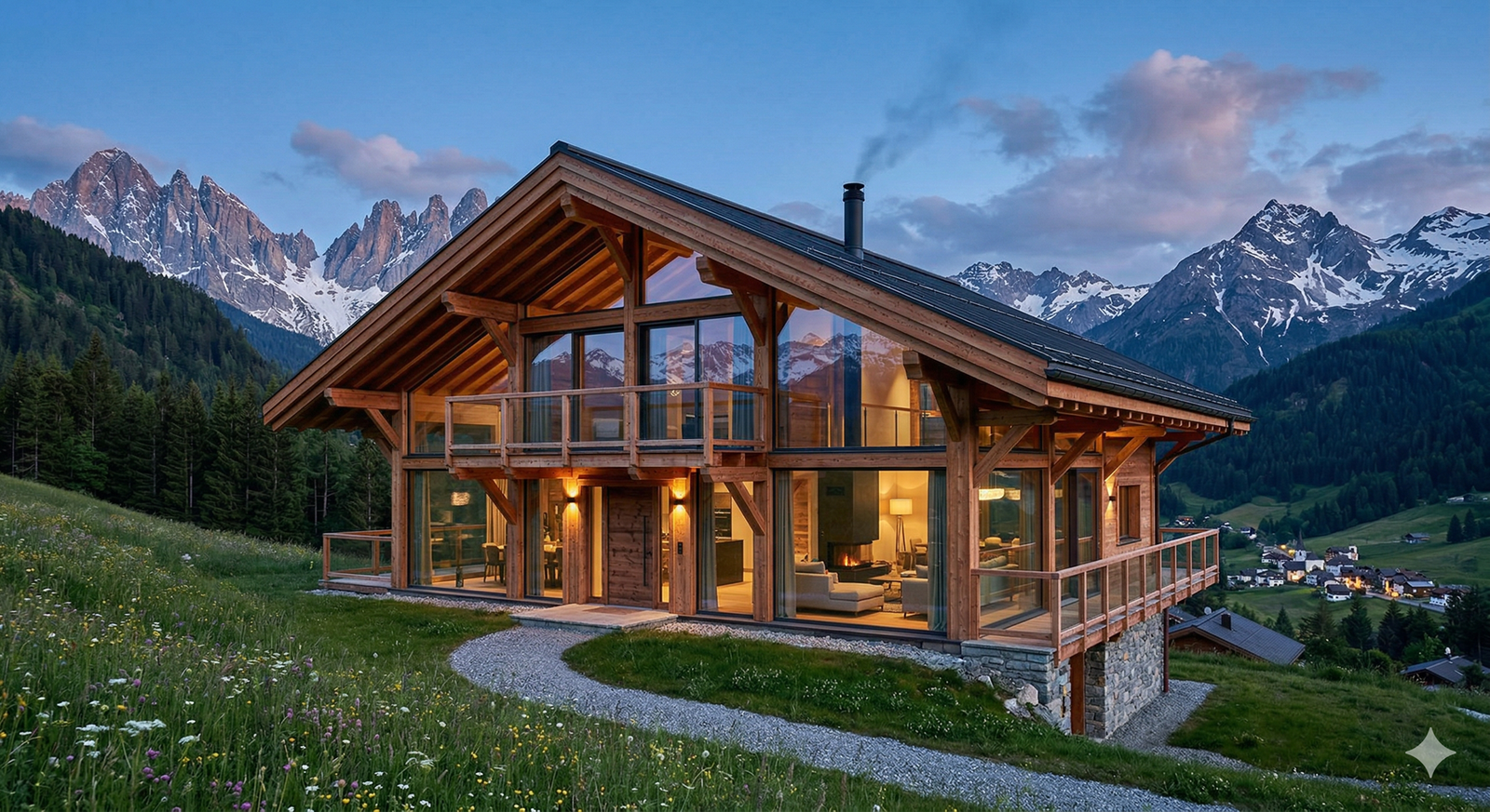 Swiss Chalet exterior at golden hour