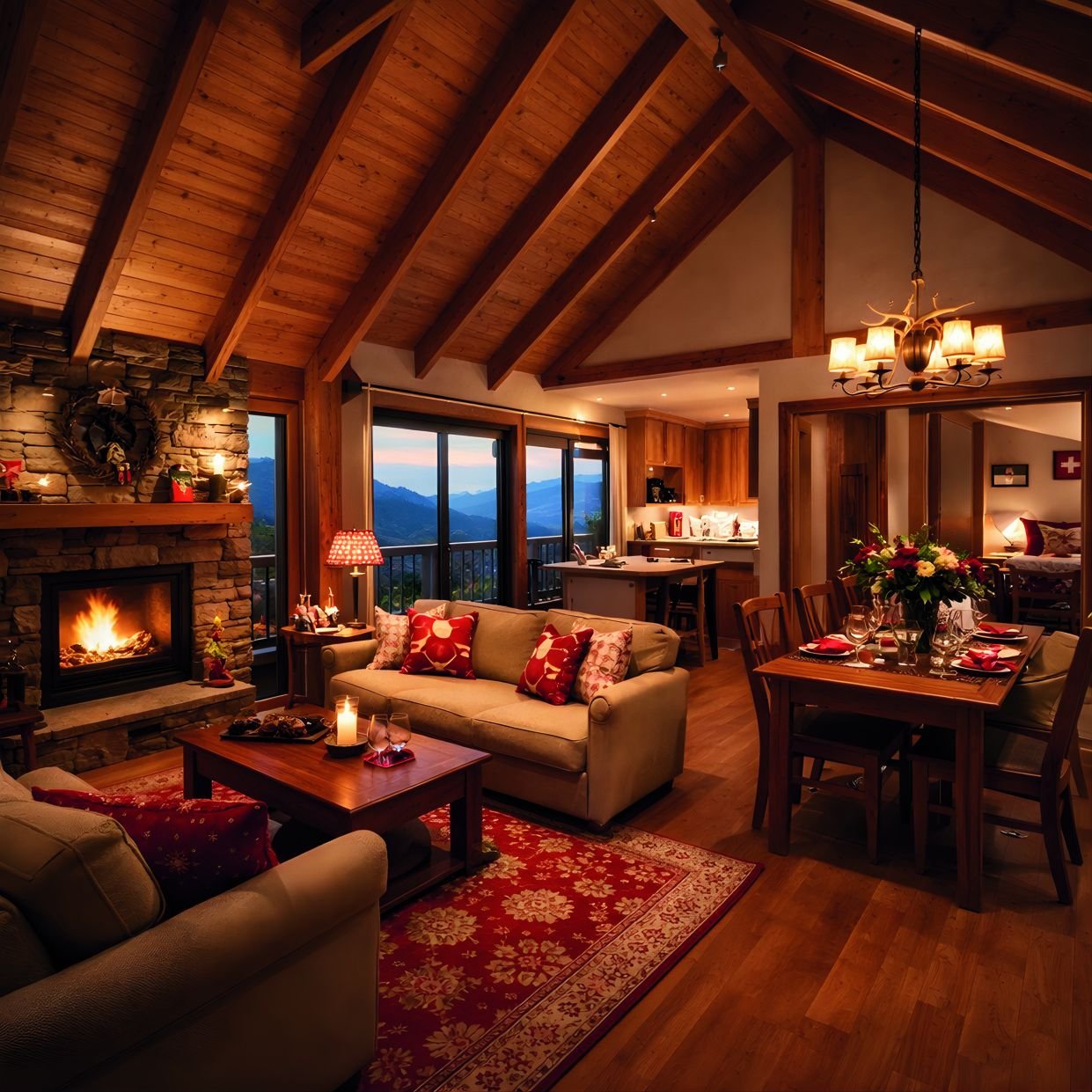 Chalet living room with stone fireplace
